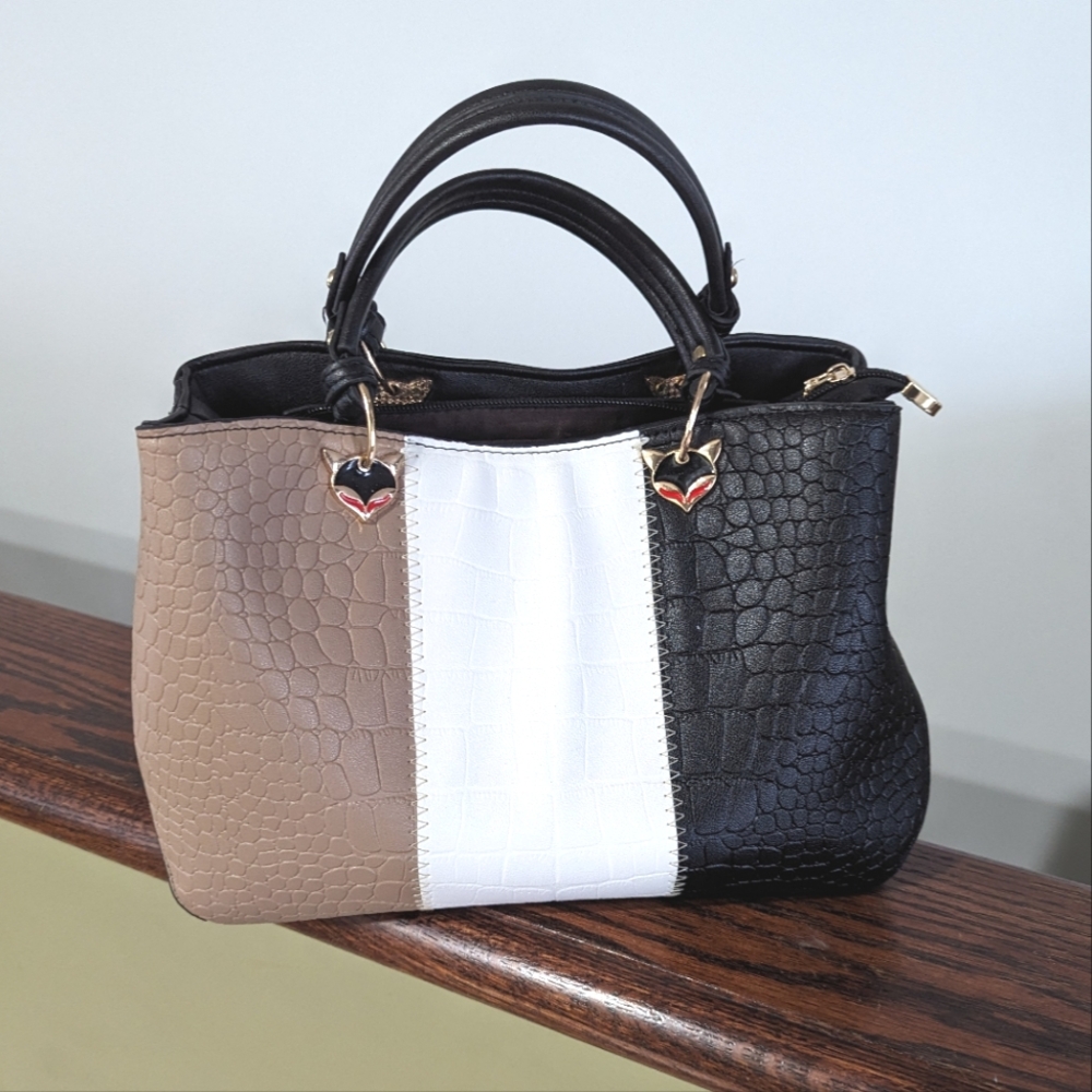 Brown white & black faux leather medium size handbag